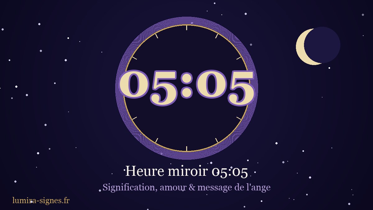 Cadran de l'heure miroir 05h05 — signification, amour et message de l'ange