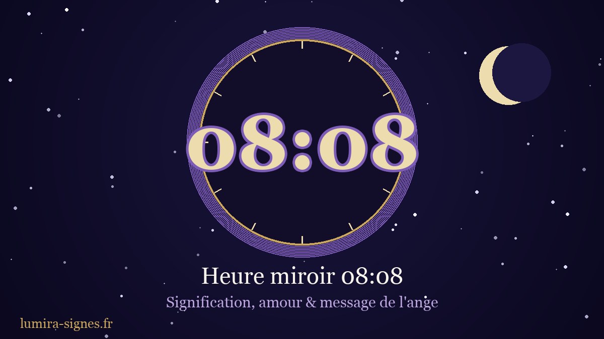 Cadran de l'heure miroir 08h08 — signification, amour et message de l'ange