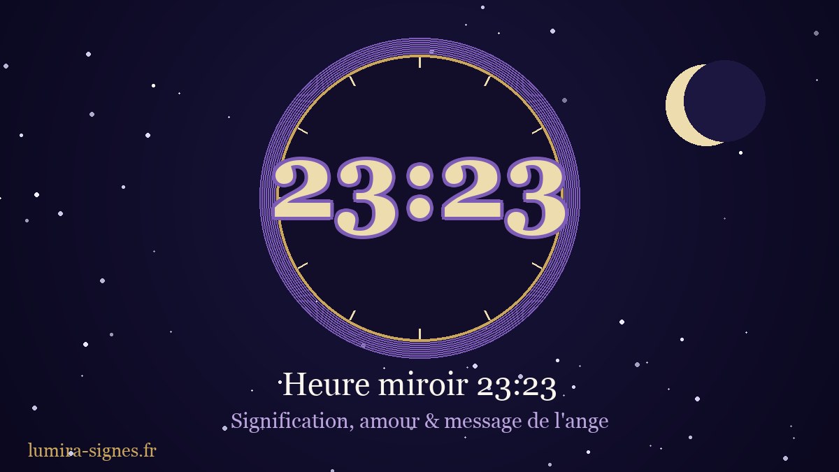 Cadran de l'heure miroir 23h23 — signification, amour et message de l'ange